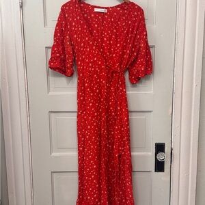 Faithfull the Brand Red Midi Wrap Dress with Cream Dot Print